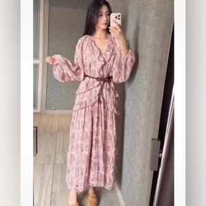 NWT Zara Paisley Ruffled Chiffon Midi Dress, Size M